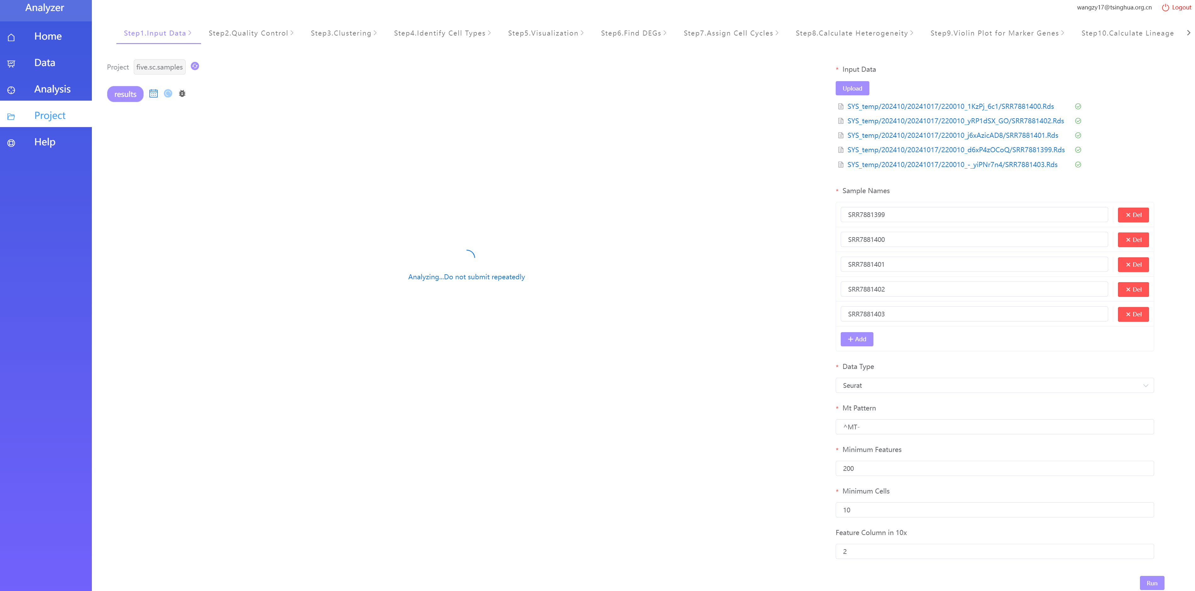 This step of the analysis project displays 'Analyzing…Do not submit repeatedly'