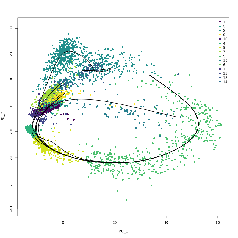 Figures showing slingshot curve and infered pseudotime value