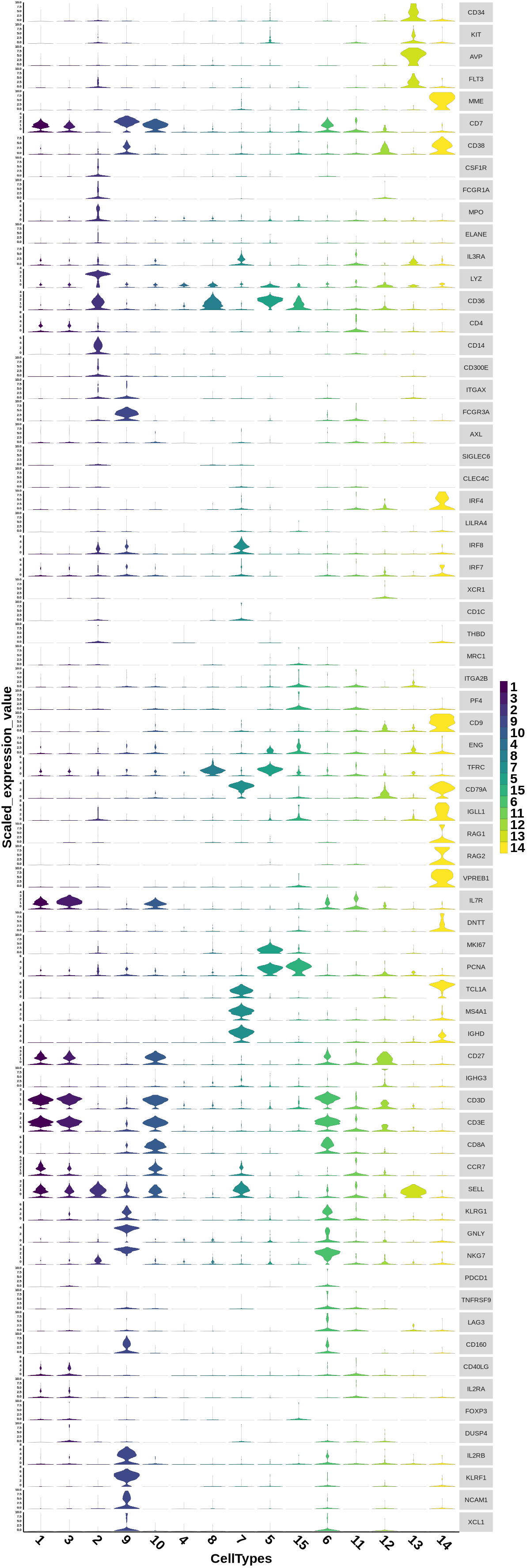 Violin plot showing the expression of marker genes between cell type groups